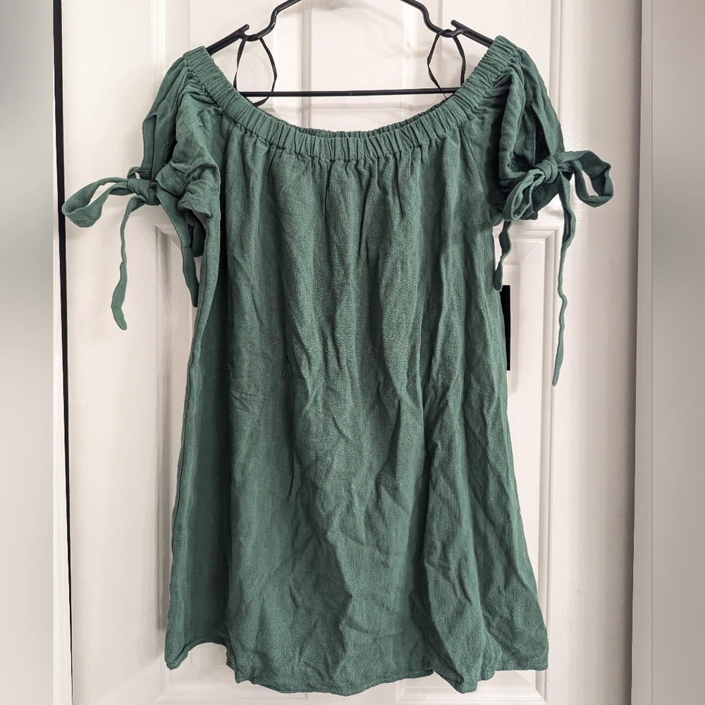 Lulu's Off Shoulder Mini Dress, Keyhole Tie Sleeves, Green, Size Medium